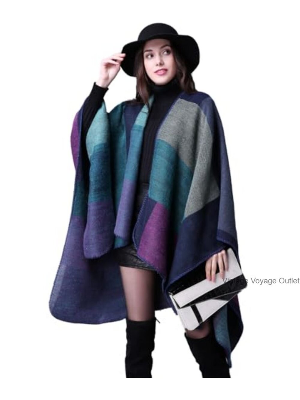 Womens Reversible Poncho Wrap Shawl Cape Plaid Polyester Acrylic Winter
